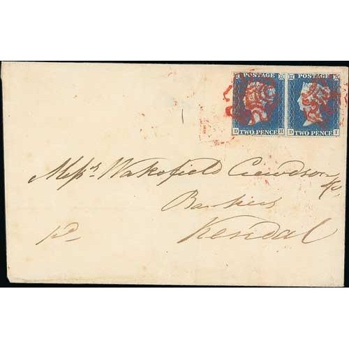 19 - 1840 (Oct 30) Entire from Ulverstone to Kendal bearing 2d blue plate 1 DH-DI pair, DH touched at lef... 