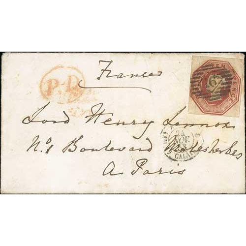 29 - 1853 (Nov 23) Cover from London to Lord Henry Lennox in Paris, bearing embossed 10d with central num... 