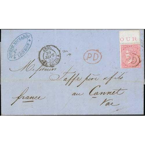 37 - 1859 (Sep 29) Entire letter from London bearing 1857 Large Garter 4d rose with upper margin showing ... 