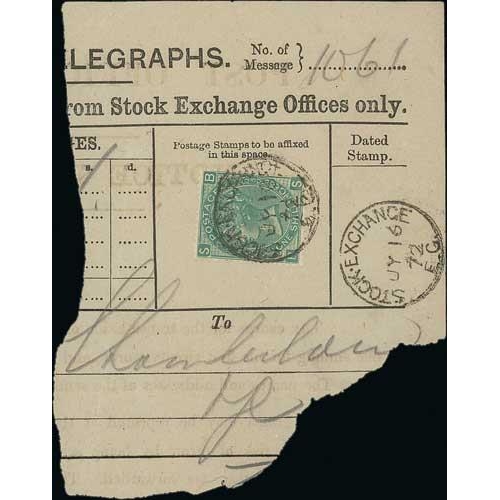 45 - 1872 (July 16) Part telegraph form bearing 1/- Stock Exchange forgery, plate 5 with impossible lette... 