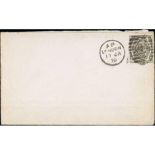 49 - 1879 (Jan 17) Unaddressed cover with embossed Post Office flap bearing 1876 6d grey plate 15 overpri... 