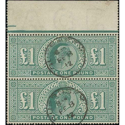 58 - 1902 £1 Dull blue-green, vertical pair with upper margin, well centred, each with a central Gue... 