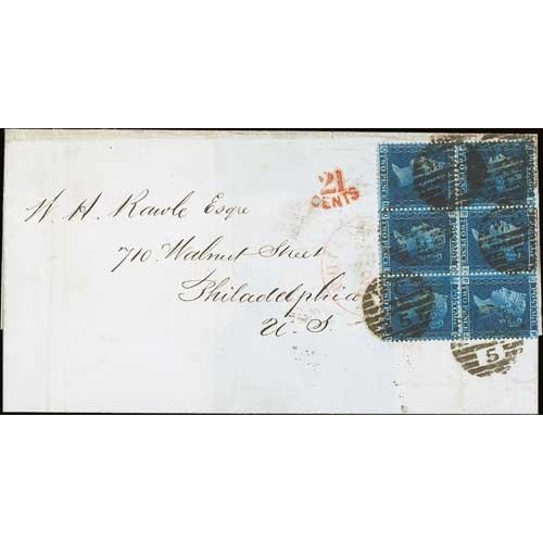 586 - 1864 (June 15) Entire from London to Philadelphia franked 2d blue plate 9 block of six, carried on t... 