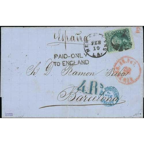 589 - 1869 (Feb 16) Entire from New Orleans to Spain franked 10c green, carried on the 