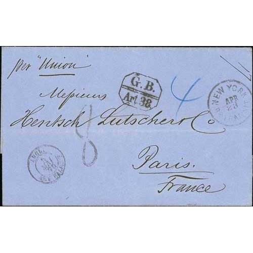 601 - 1870 (Apr 23) Stampless entire from New York to Paris sent by NGL Line 