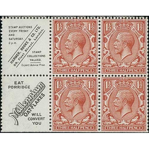 66 - 1912-35 KGV Booklet Panes comprising Royal Cypher 1½d pane of four with adverts (Harmer Rooke, ... 