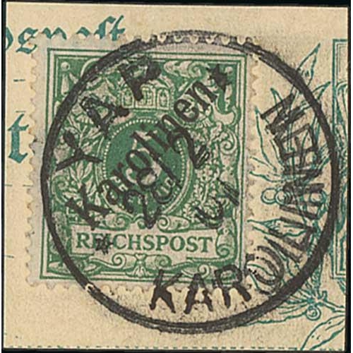 1022 - 1899 Karolinen 48 degrees overprint, 3pf, 5pf and 10pf all on pieces with Yap datestamps, the 3pf C.... 