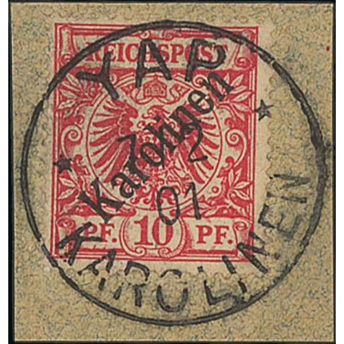 1022 - 1899 Karolinen 48 degrees overprint, 3pf, 5pf and 10pf all on pieces with Yap datestamps, the 3pf C.... 