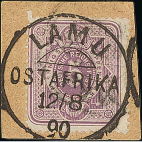 1044 - Lamu Postal Agency. 1890 Germany 5pf on piece and 10pf both with Lamu datestamps, the piece with Ste... 