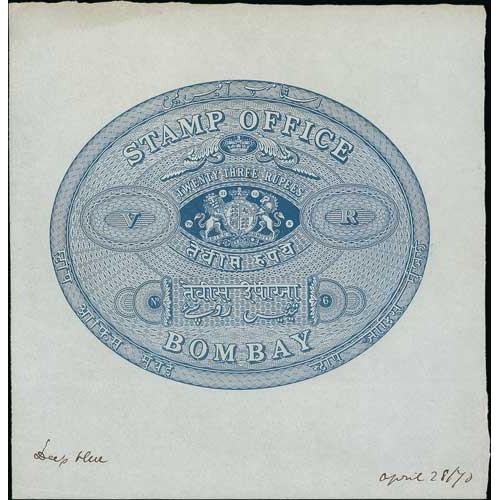 1111 - Revenues. 1870 Stamp Office Bombay, 23r revenue for use on stamped paper, proofs on thin wove paper,... 