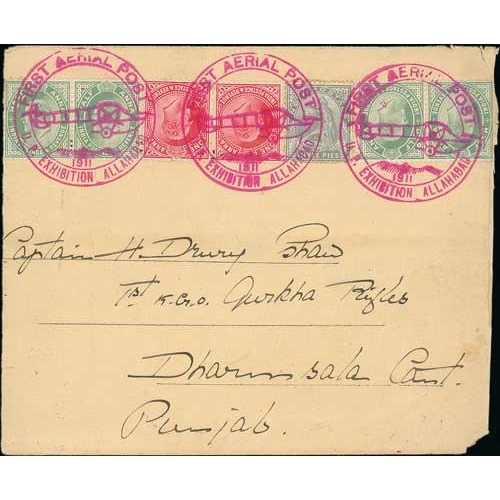 1116 - 1911 (Feb 18) Allahabad First Aerial Post, cover to Dharmsala franked QV 3p grey and KEVII ½a (... 