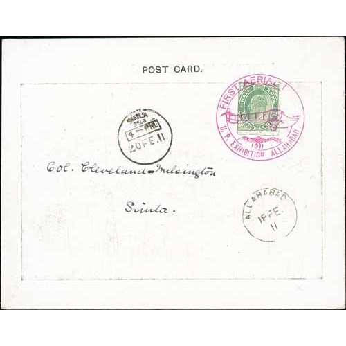 1119 - 1911 (Feb 18) Allahabad First Aerial Post, first type postcard, 161x127mm, depicting Pequet in his b... 