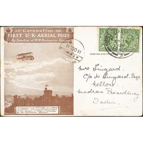 1121 - 1911 (Sep 15) First UK Aerial Post, brown postcard flown from London to Windsor with two KGV ½d... 