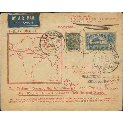 1190 - Sharjah/Dubai. 1933 (July 10) Indian Trans-Continental Airways Calcutta to Karachi route first fligh... 