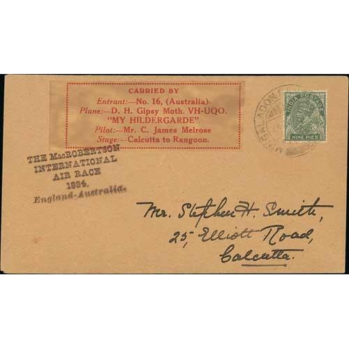 1197 - 1934 (Oct 26) MacRobertson Air Race, cover flown on the Calcutta to Rangoon leg by the Australian en... 