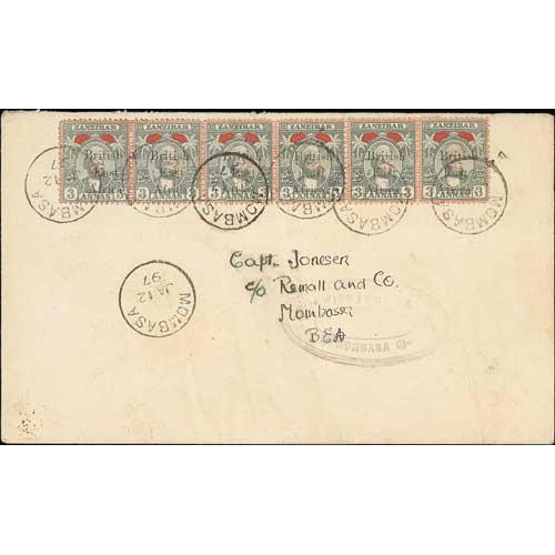 1224 - 1897 (Jan 12) Cover addressed within Mombasa bearing 1897 2½ on 3a strip of six (surcharge type... 