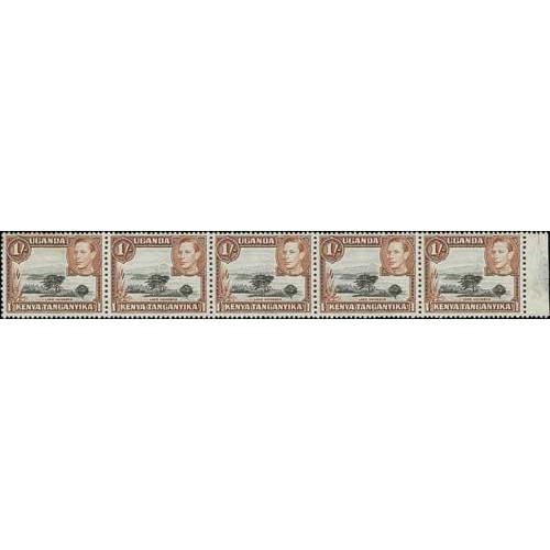 1226 - 1942 1/- Black and brown, perf 13x11¾ strip of five with margin at right, the second stamp [6/7... 