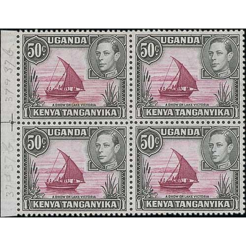 1228 - 1950 KGVI 50c Reddish purple and black, perf 13x12½ marginal block of four, both horizontal pai... 