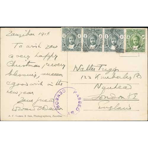 1595 - 1916 Picture Postcards to England both franked 1c strip of three + 3c cancelled in Zanzibar, with ci... 