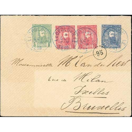 935 - 1889-98 Leopold II Issue covers (5) and postal stationery postcards or reply cards (8, two uprated w... 