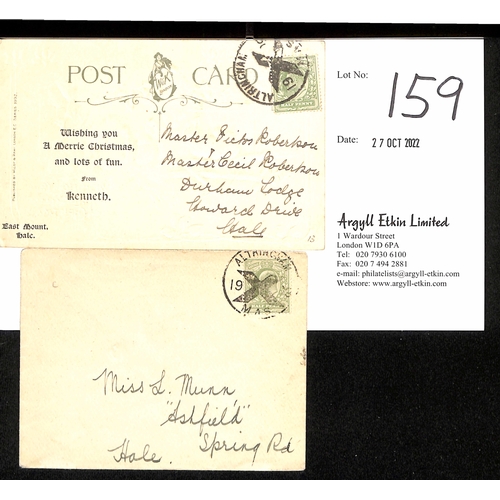 159 - Altrincham. 1908 Cover and 1909 postcard both to Hale with KEVII ½d stamps tied by 