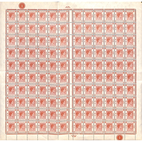 1100 - 1941 KGVI 8c Red-brown, complete unmounted mint sheet of 120 in two panes of sixty, 4/2 on the left ... 