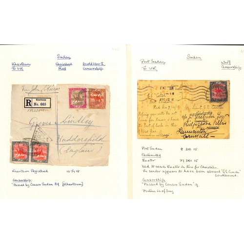 1454 - World War One. 1915-19 Covers and cards (14) and fronts (3) with Sudan censor cachets, 1917 cover fr... 