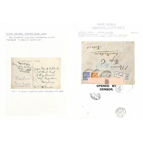 708 - Great Britain - Civil Censorship. 1914-18 Covers and cards including 