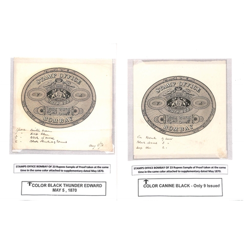 1111 - Revenues. 1870 Stamp Office Bombay, 23r revenue for use on stamped paper, proofs on thin wove paper,... 