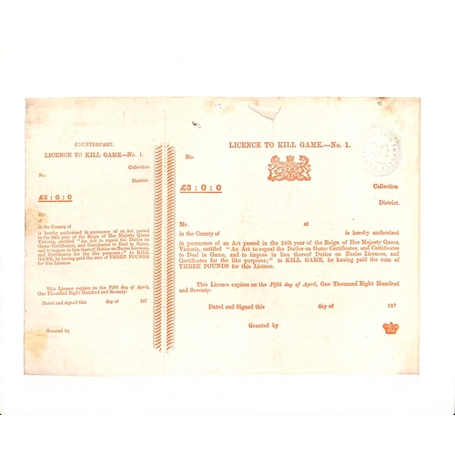 120 - Game Licences. c.1872 £2 Game Dealers Licence and Gamekeepers Licence both in brown, £2 Li... 