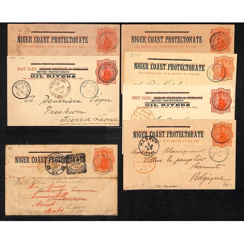 1283 - Postal Stationery. 1894-1901 Oil Rivers 1d postcards (5), Niger Coast 1d postcards (15) and 2d regis... 