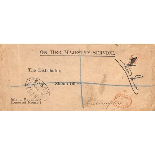 132 - 1878 Stampless Inland Revenue O.H.M.S cover to the Stamp Office at Cullompton, unusual oval 