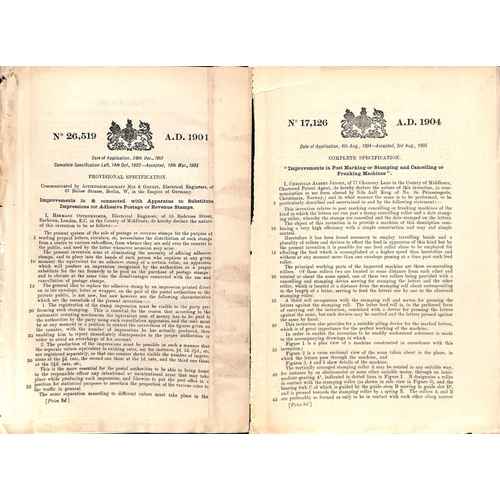 154 - 1889-1905 Printed Patents for automatic machines to cancel stamps, or to apply Paid marks in lieu of... 