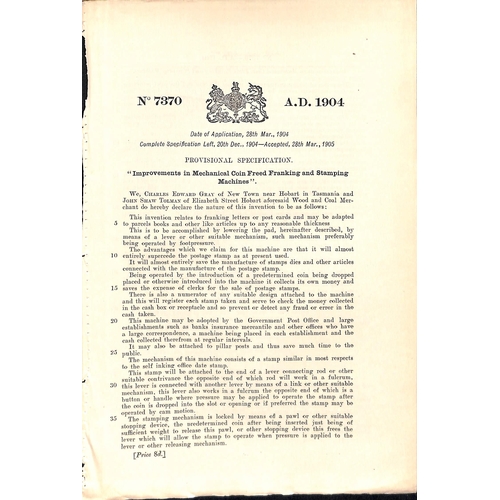 154 - 1889-1905 Printed Patents for automatic machines to cancel stamps, or to apply Paid marks in lieu of... 