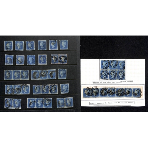 22 - 1841 Imperforate 2d blues, used selection comprising SJ-TL block of six, piece bearing AA-AF strip o... 