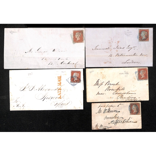 25 - 1846-52 Entire letters (3) and covers (2) with 1d reds cancelled by numerals in blue, comprising 