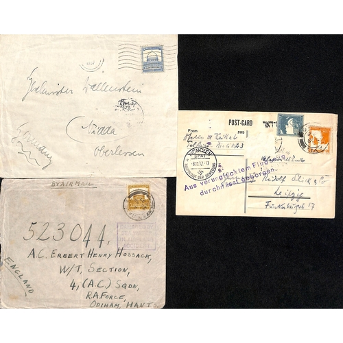 695 - Courtier - Palestine. 1937 (Sep 28/30) Covers (4) and a postcard from Palestine to Germany (3), G.B ... 