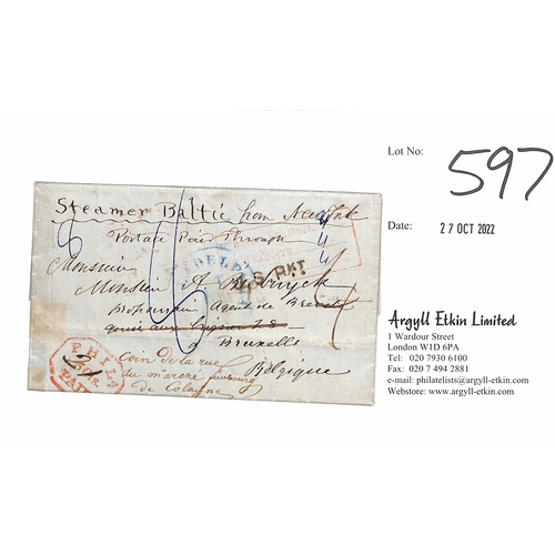 597 - U.S. PKT Handstamp. 1851 (Oct 10) Entire letter from Philadelphia to Brussels with red octagonal 