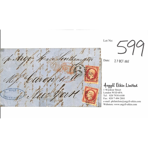 599 - 1857 Entire letter from France to New York franked imperf 80c (2, both touched at one corner) carrie... 