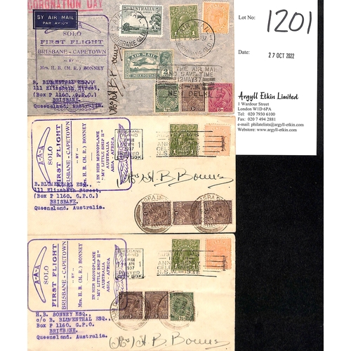 1201 - 1937 (Apr-May) Brisbane to Cape Town Solo flight by Mrs H.B Bonney, covers bearing Australia and Que... 