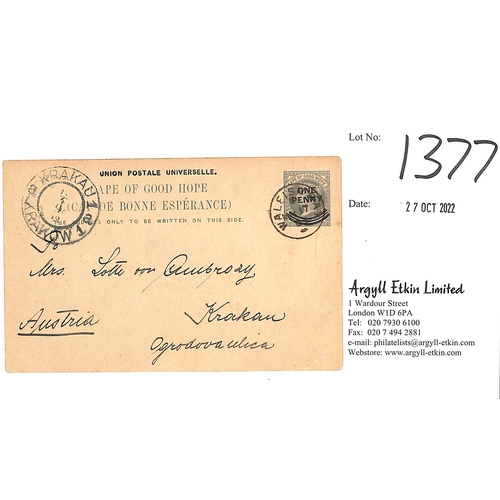 1377 - Cape Postal Stationery - South West Africa. 1908 Cape of Good Hope QV 1d on 1½d postcard with a... 