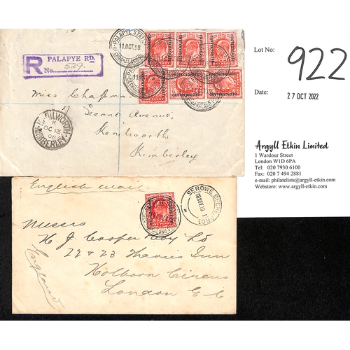 922 - Palapye/Serowe. 1908 Registered cover to Kimberley with six KEVII 1d stamps tied by Palapye Station ... 