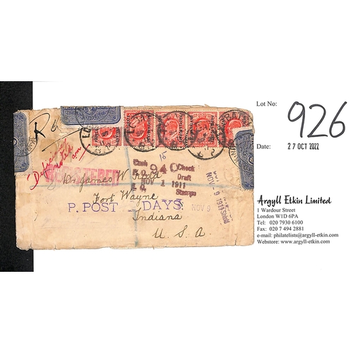 926 - 1911 Registered cover from Lobatsi to USA bearing five KEVII 1d stamps, endorsed 