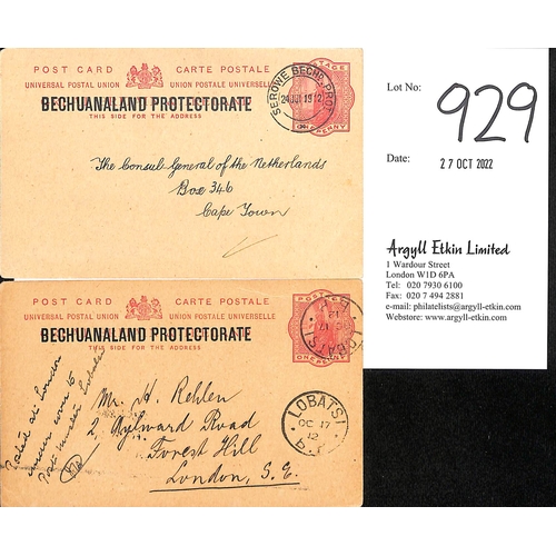 929 - Postal Stationery. 1912 Uses of the Bechuanaland Protectorate 1d carmine QV postcard, from Serowe to... 