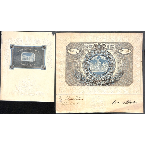 262 - 1821 George IV Coronation admission ticket to Westminster Abbey numbered 4422, plain portion below i... 