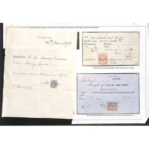 118 - 1855-64 1d Revenues including Draft or Receipt stamps mint (16), postally used (5, one on cover), on... 