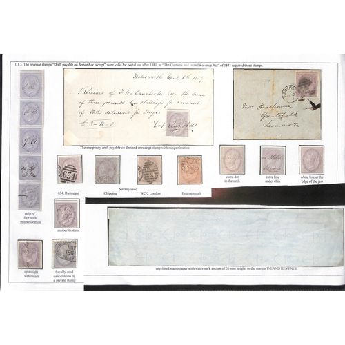 118 - 1855-64 1d Revenues including Draft or Receipt stamps mint (16), postally used (5, one on cover), on... 