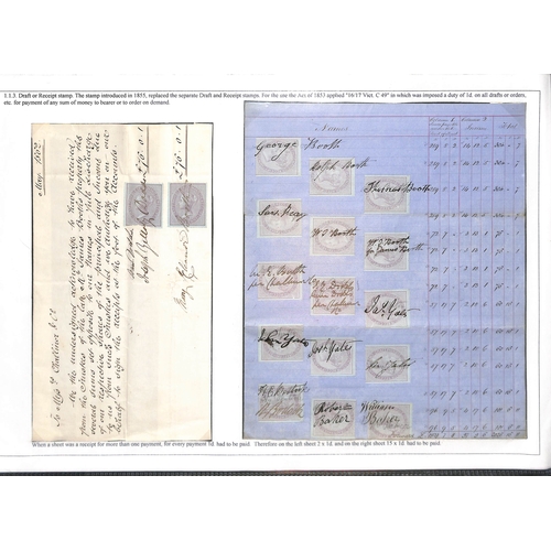 118 - 1855-64 1d Revenues including Draft or Receipt stamps mint (16), postally used (5, one on cover), on... 