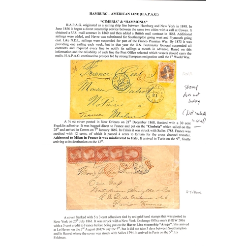 598 - 1855-68 Stamped covers from USA to France comprising 1855 cover from New Orleans franked 1c + 10c pa... 