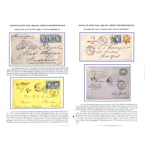 603 - 1872-74 Covers from France to USA franked 25c, 40c, 50c or 75c, carried by Cunard or Inman Line, all... 